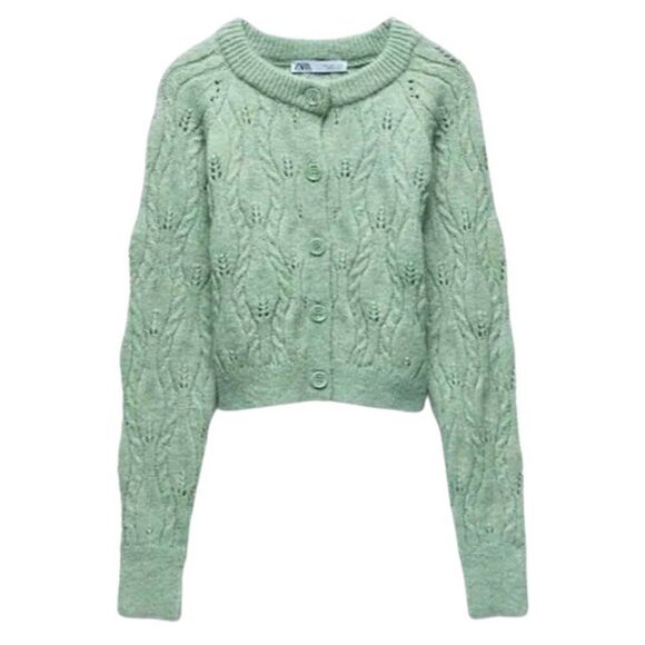 NWOT Zara Womens Mint Green Cable Knit Cardigan Sweater - Picture 1 of 6